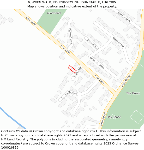 6, WREN WALK, EDLESBOROUGH, DUNSTABLE, LU6 2RW: Location map and indicative extent of plot