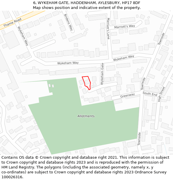 6, WYKEHAM GATE, HADDENHAM, AYLESBURY, HP17 8DF: Location map and indicative extent of plot