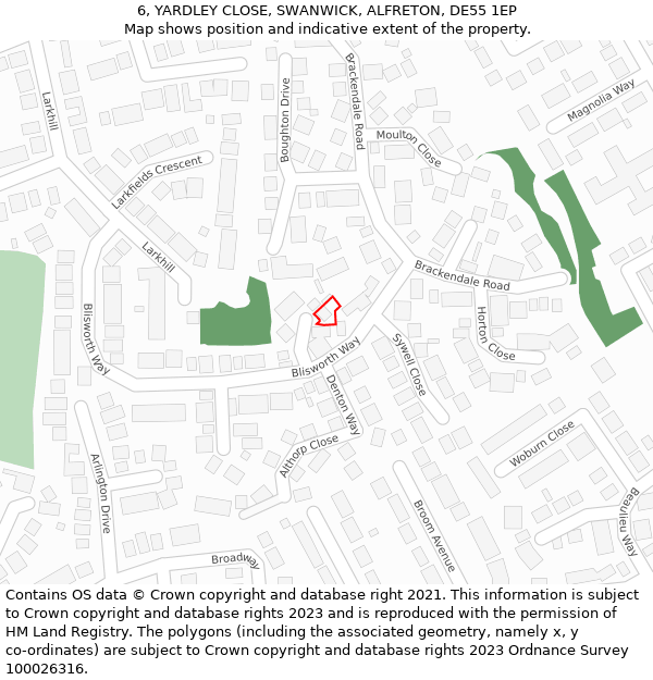 6, YARDLEY CLOSE, SWANWICK, ALFRETON, DE55 1EP: Location map and indicative extent of plot