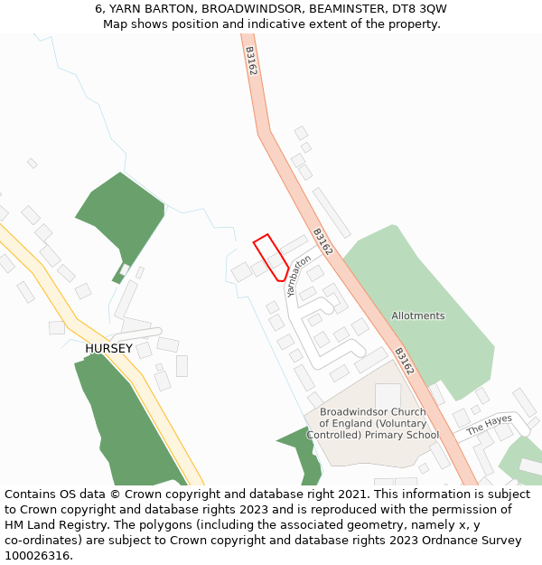 6, YARN BARTON, BROADWINDSOR, BEAMINSTER, DT8 3QW: Location map and indicative extent of plot