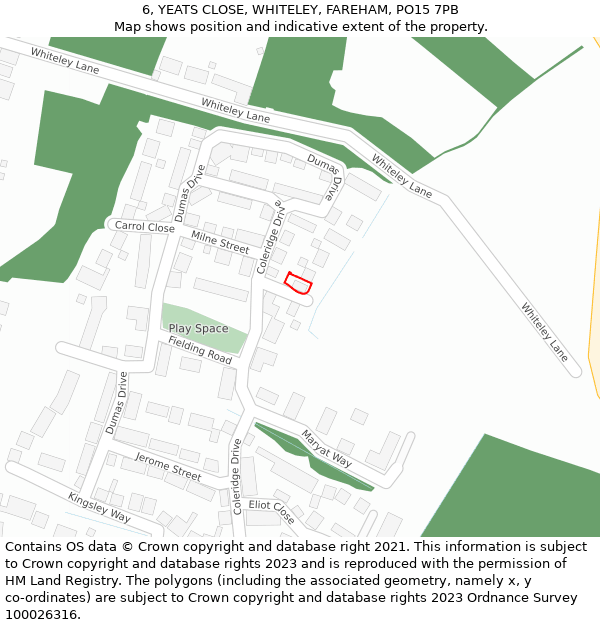 6, YEATS CLOSE, WHITELEY, FAREHAM, PO15 7PB: Location map and indicative extent of plot