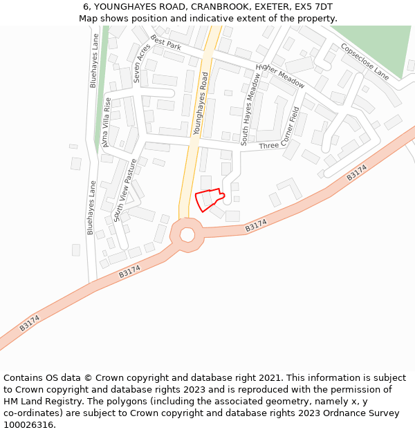 6, YOUNGHAYES ROAD, CRANBROOK, EXETER, EX5 7DT: Location map and indicative extent of plot