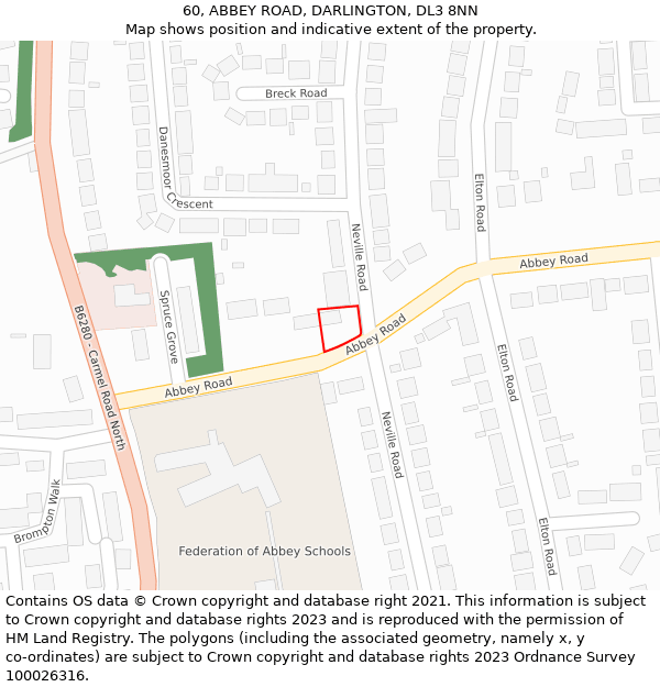 60, ABBEY ROAD, DARLINGTON, DL3 8NN: Location map and indicative extent of plot