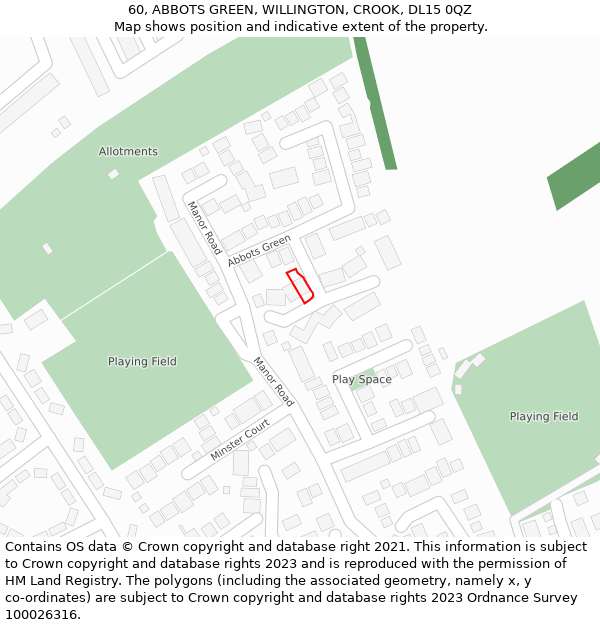60, ABBOTS GREEN, WILLINGTON, CROOK, DL15 0QZ: Location map and indicative extent of plot