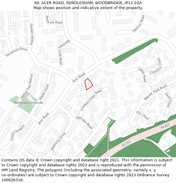 60, ACER ROAD, RENDLESHAM, WOODBRIDGE, IP12 2GA: Location map and indicative extent of plot