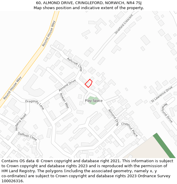 60, ALMOND DRIVE, CRINGLEFORD, NORWICH, NR4 7SJ: Location map and indicative extent of plot