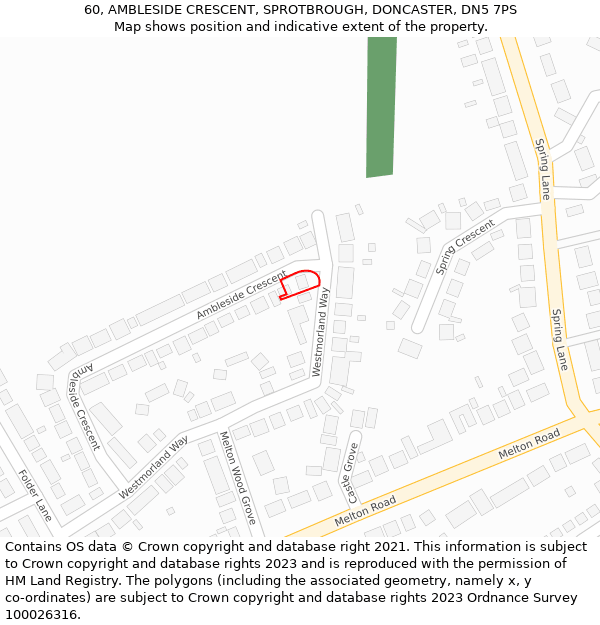 60, AMBLESIDE CRESCENT, SPROTBROUGH, DONCASTER, DN5 7PS: Location map and indicative extent of plot
