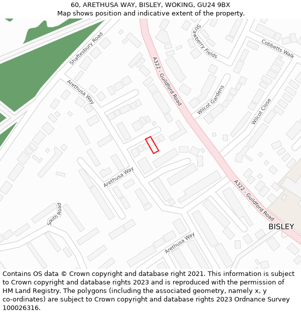 60, ARETHUSA WAY, BISLEY, WOKING, GU24 9BX: Location map and indicative extent of plot