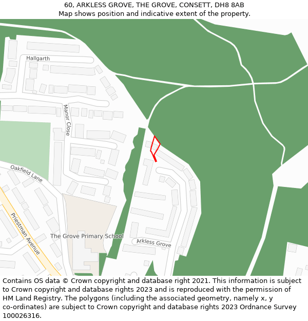 60, ARKLESS GROVE, THE GROVE, CONSETT, DH8 8AB: Location map and indicative extent of plot