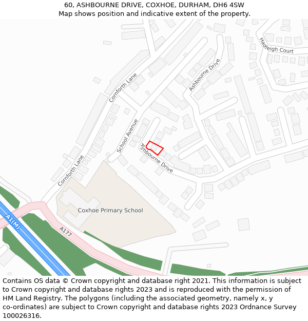 60, ASHBOURNE DRIVE, COXHOE, DURHAM, DH6 4SW: Location map and indicative extent of plot