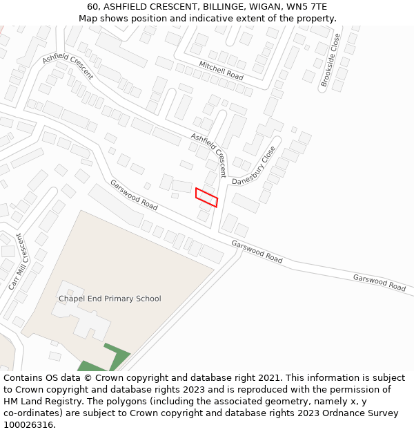 60, ASHFIELD CRESCENT, BILLINGE, WIGAN, WN5 7TE: Location map and indicative extent of plot