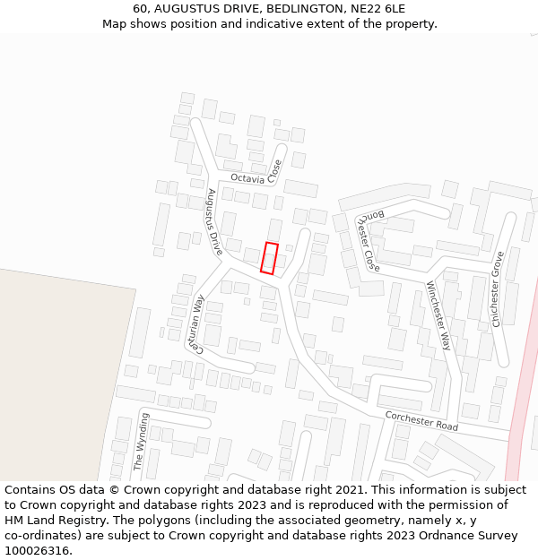 60, AUGUSTUS DRIVE, BEDLINGTON, NE22 6LE: Location map and indicative extent of plot