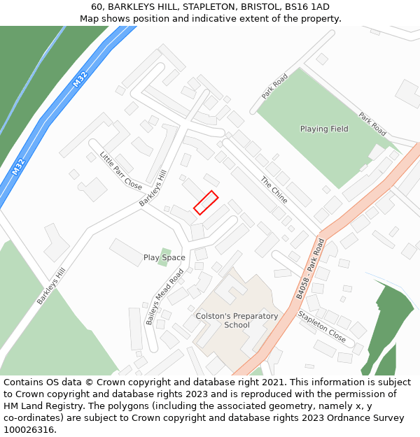 60, BARKLEYS HILL, STAPLETON, BRISTOL, BS16 1AD: Location map and indicative extent of plot