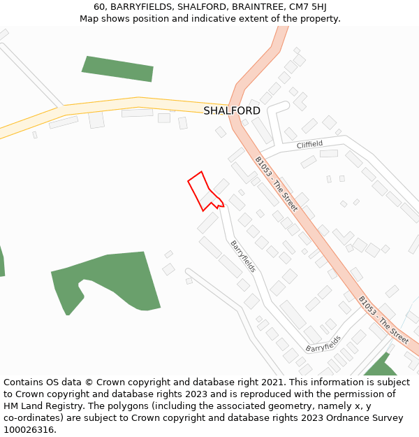 60, BARRYFIELDS, SHALFORD, BRAINTREE, CM7 5HJ: Location map and indicative extent of plot