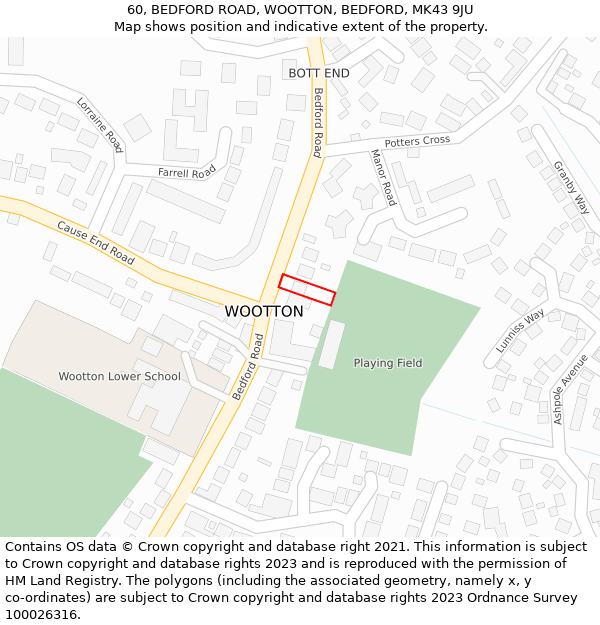 60, BEDFORD ROAD, WOOTTON, BEDFORD, MK43 9JU: Location map and indicative extent of plot