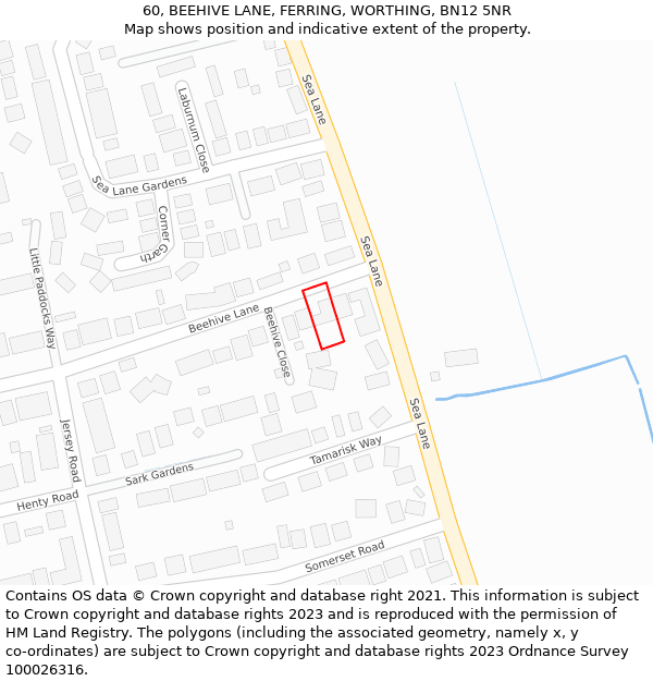 60, BEEHIVE LANE, FERRING, WORTHING, BN12 5NR: Location map and indicative extent of plot