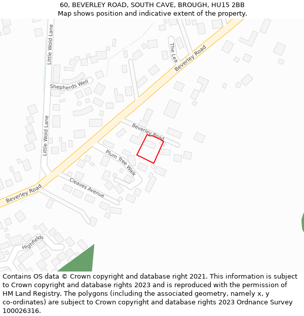 60, BEVERLEY ROAD, SOUTH CAVE, BROUGH, HU15 2BB: Location map and indicative extent of plot