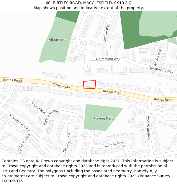 60, BIRTLES ROAD, MACCLESFIELD, SK10 3JQ: Location map and indicative extent of plot