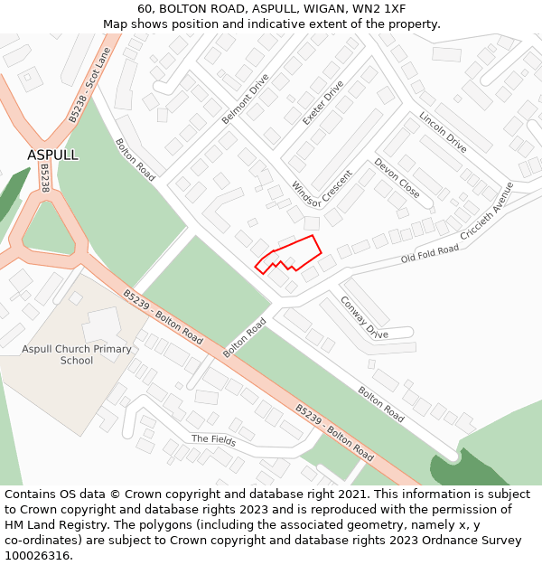 60, BOLTON ROAD, ASPULL, WIGAN, WN2 1XF: Location map and indicative extent of plot