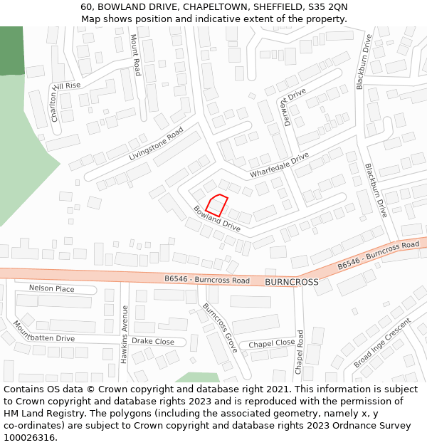 60, BOWLAND DRIVE, CHAPELTOWN, SHEFFIELD, S35 2QN: Location map and indicative extent of plot