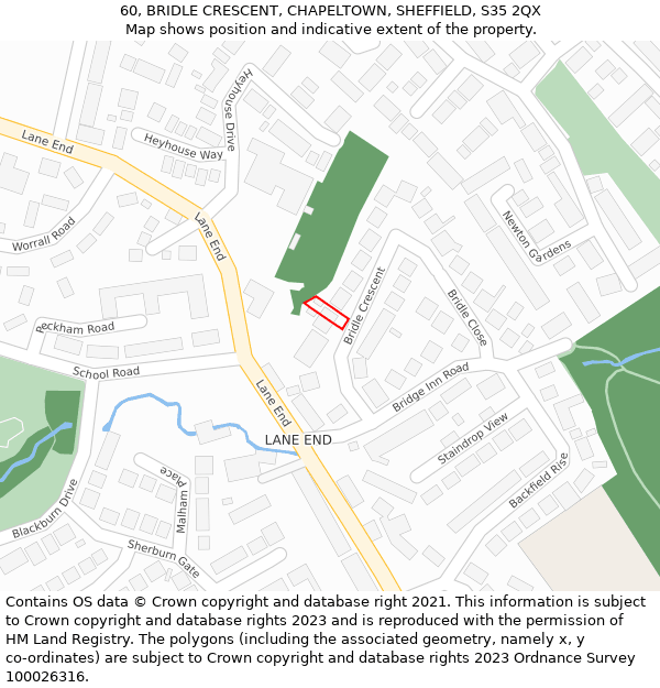 60, BRIDLE CRESCENT, CHAPELTOWN, SHEFFIELD, S35 2QX: Location map and indicative extent of plot