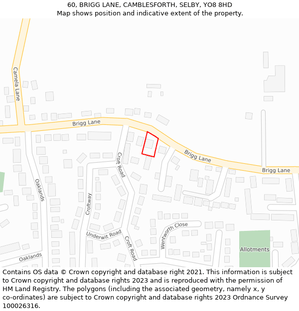 60, BRIGG LANE, CAMBLESFORTH, SELBY, YO8 8HD: Location map and indicative extent of plot