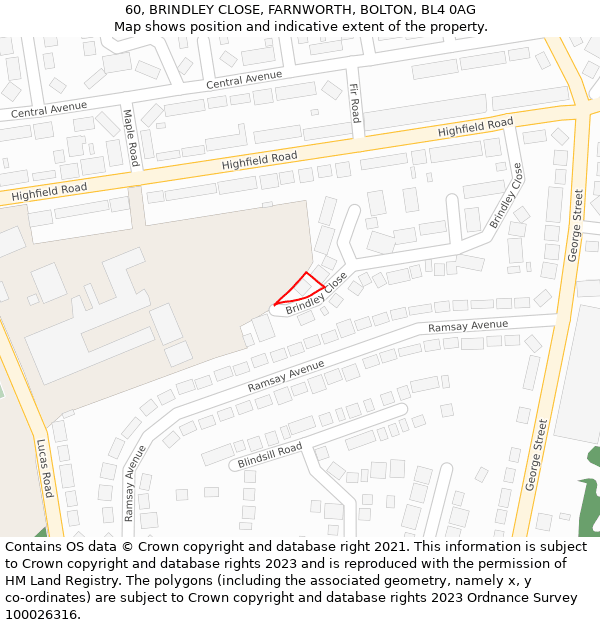 60, BRINDLEY CLOSE, FARNWORTH, BOLTON, BL4 0AG: Location map and indicative extent of plot