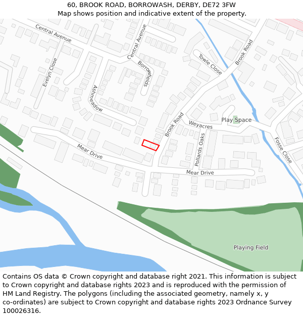 60, BROOK ROAD, BORROWASH, DERBY, DE72 3FW: Location map and indicative extent of plot
