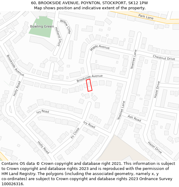 60, BROOKSIDE AVENUE, POYNTON, STOCKPORT, SK12 1PW: Location map and indicative extent of plot
