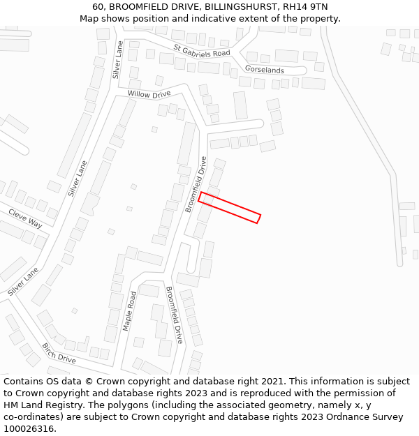60, BROOMFIELD DRIVE, BILLINGSHURST, RH14 9TN: Location map and indicative extent of plot