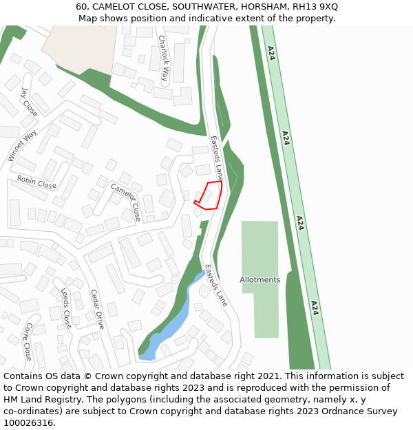 60, CAMELOT CLOSE, SOUTHWATER, HORSHAM, RH13 9XQ: Location map and indicative extent of plot