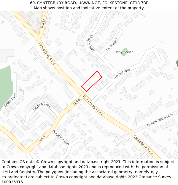 60, CANTERBURY ROAD, HAWKINGE, FOLKESTONE, CT18 7BP: Location map and indicative extent of plot