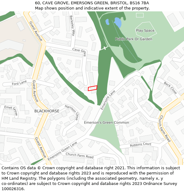 60, CAVE GROVE, EMERSONS GREEN, BRISTOL, BS16 7BA: Location map and indicative extent of plot