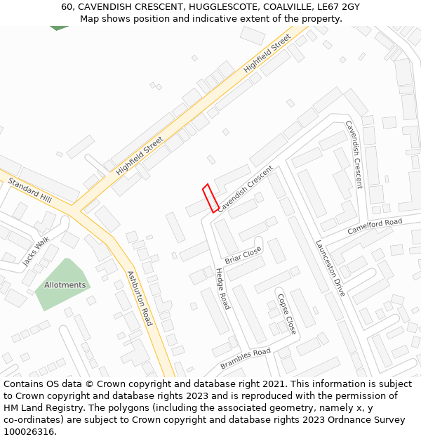 60, CAVENDISH CRESCENT, HUGGLESCOTE, COALVILLE, LE67 2GY: Location map and indicative extent of plot