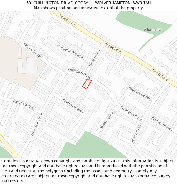 60, CHILLINGTON DRIVE, CODSALL, WOLVERHAMPTON, WV8 1AU: Location map and indicative extent of plot