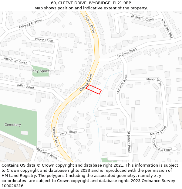 60, CLEEVE DRIVE, IVYBRIDGE, PL21 9BP: Location map and indicative extent of plot