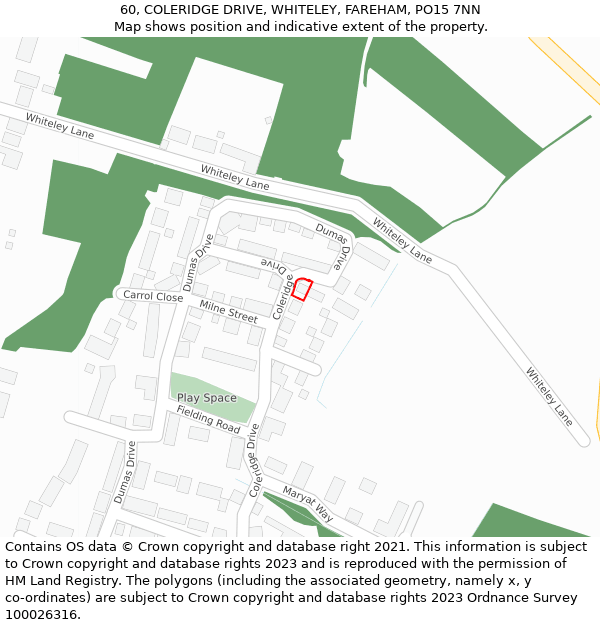 60, COLERIDGE DRIVE, WHITELEY, FAREHAM, PO15 7NN: Location map and indicative extent of plot