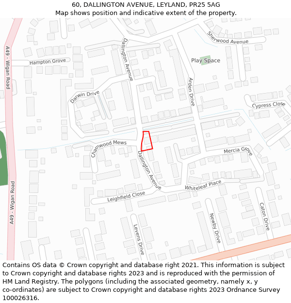 60, DALLINGTON AVENUE, LEYLAND, PR25 5AG: Location map and indicative extent of plot
