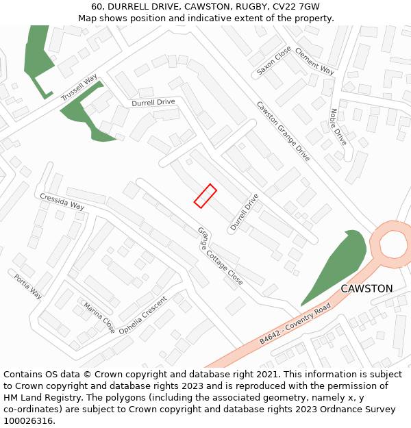 60, DURRELL DRIVE, CAWSTON, RUGBY, CV22 7GW: Location map and indicative extent of plot