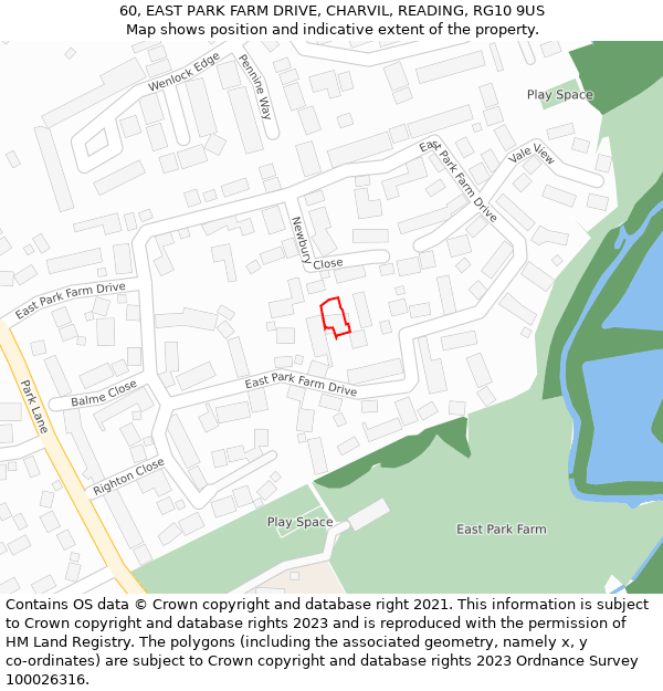 60, EAST PARK FARM DRIVE, CHARVIL, READING, RG10 9US: Location map and indicative extent of plot