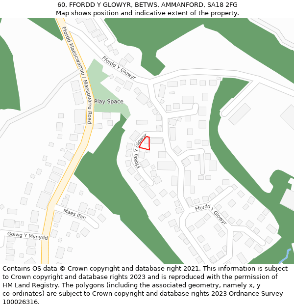 60, FFORDD Y GLOWYR, BETWS, AMMANFORD, SA18 2FG: Location map and indicative extent of plot