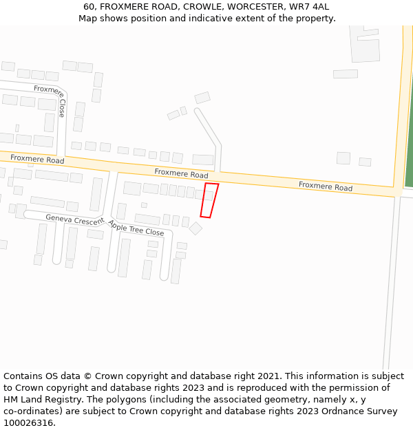 60, FROXMERE ROAD, CROWLE, WORCESTER, WR7 4AL: Location map and indicative extent of plot