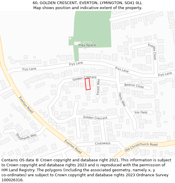 60, GOLDEN CRESCENT, EVERTON, LYMINGTON, SO41 0LL: Location map and indicative extent of plot