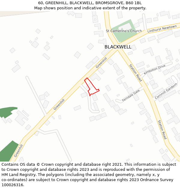 60, GREENHILL, BLACKWELL, BROMSGROVE, B60 1BL: Location map and indicative extent of plot