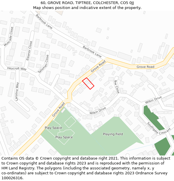 60, GROVE ROAD, TIPTREE, COLCHESTER, CO5 0JJ: Location map and indicative extent of plot