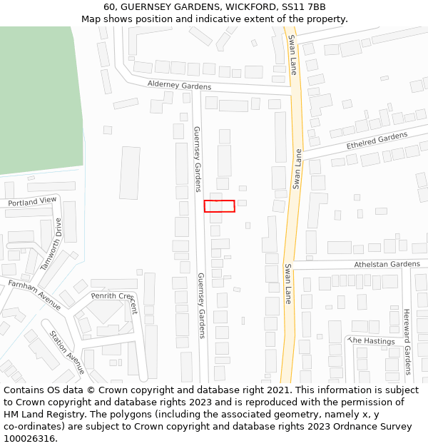 60, GUERNSEY GARDENS, WICKFORD, SS11 7BB: Location map and indicative extent of plot