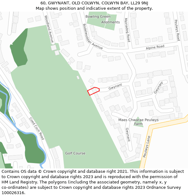 60, GWYNANT, OLD COLWYN, COLWYN BAY, LL29 9NJ: Location map and indicative extent of plot