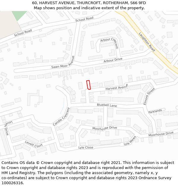 60, HARVEST AVENUE, THURCROFT, ROTHERHAM, S66 9FD: Location map and indicative extent of plot