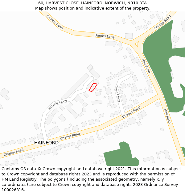 60, HARVEST CLOSE, HAINFORD, NORWICH, NR10 3TA: Location map and indicative extent of plot