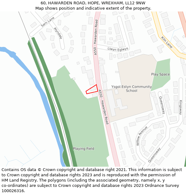 60, HAWARDEN ROAD, HOPE, WREXHAM, LL12 9NW: Location map and indicative extent of plot